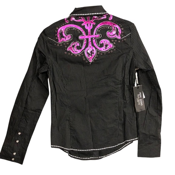 Vtg Pepe Jeans London Y2K Pinstripe Western Shirt Rhinestone Embellished Size L - Picture 3 of 3